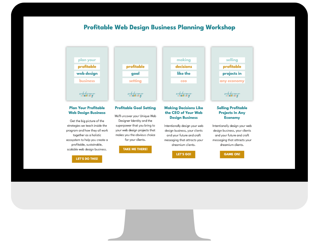 This image is promoting a web design business planning workshop, where attendees will learn strategies to create a profitable, sustainable, and scalable web design business.