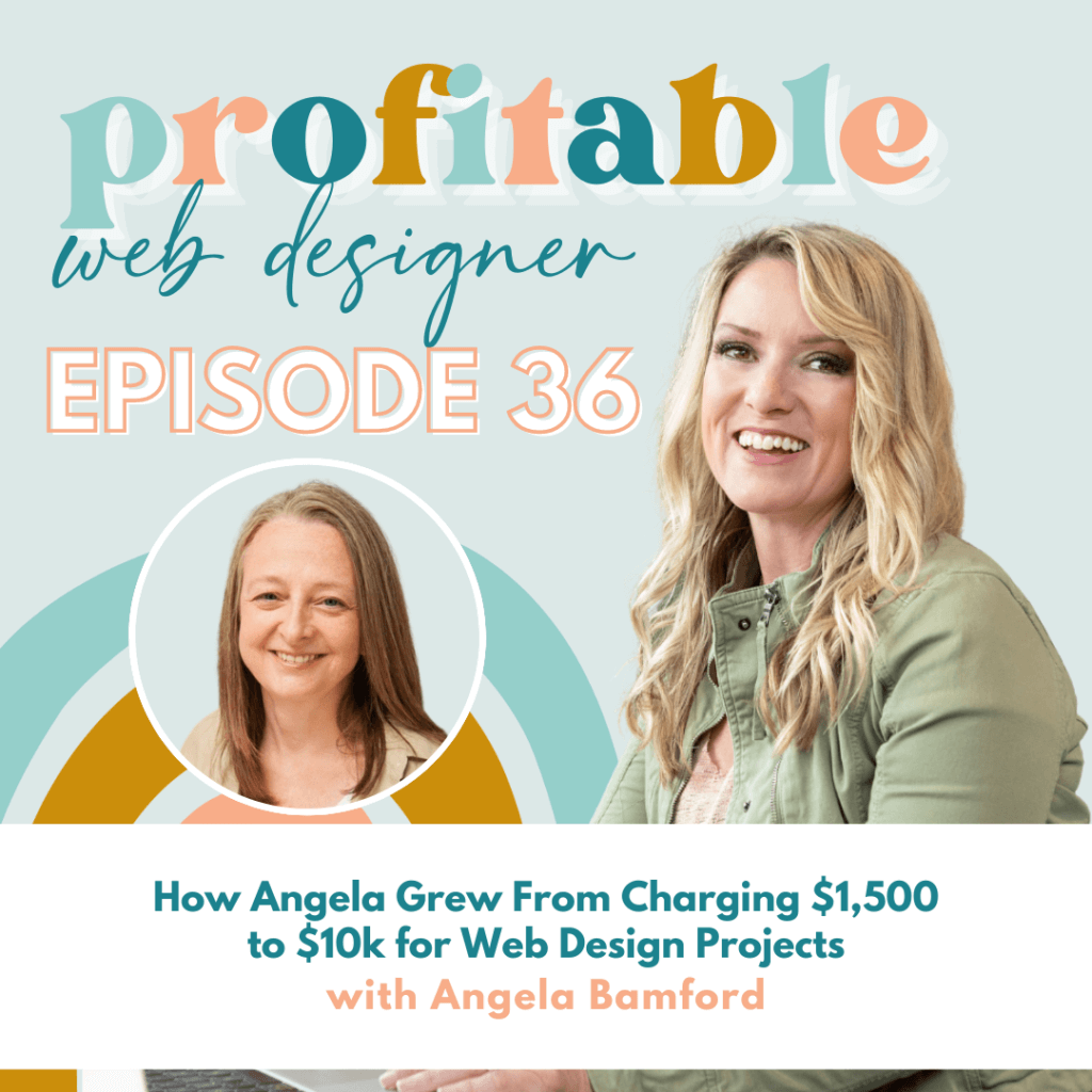The image shows a promotional graphic for a podcast titled "profitable web designer", Episode 36, featuring a success story about web design project pricing.