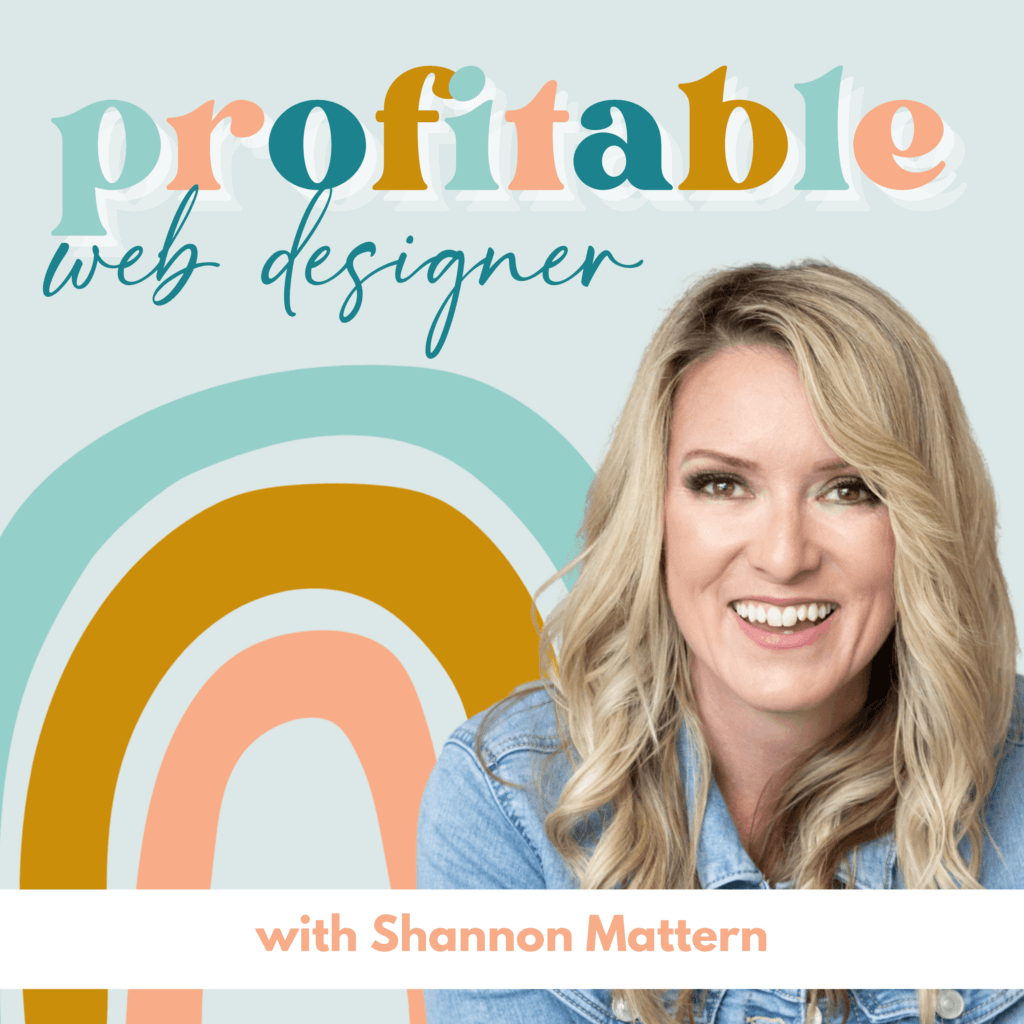 The image shows a smiling person next to colorful text "Profitable Web Designer" and a stylized rainbow, possibly representing a logo or a podcast cover.