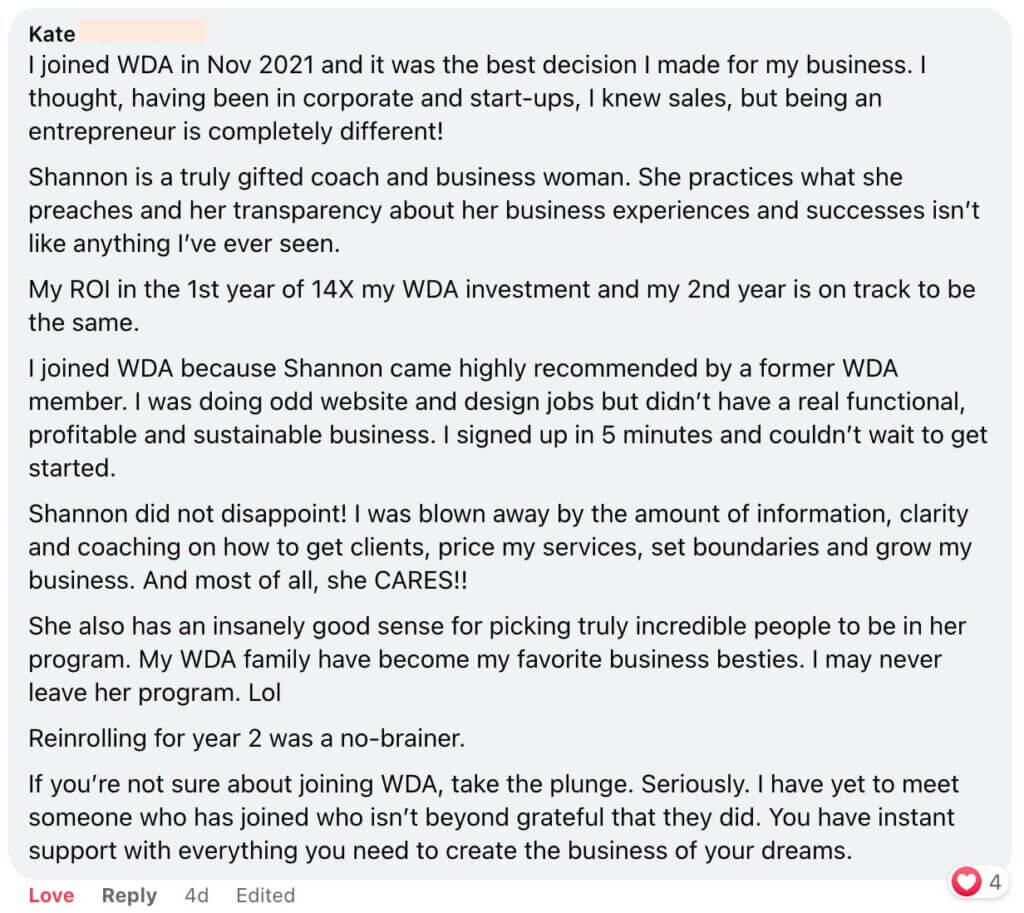 This is a screenshot of a social media testimonial post where a person named Kate shares a positive experience about joining the WDA program and mentions the benefits received.