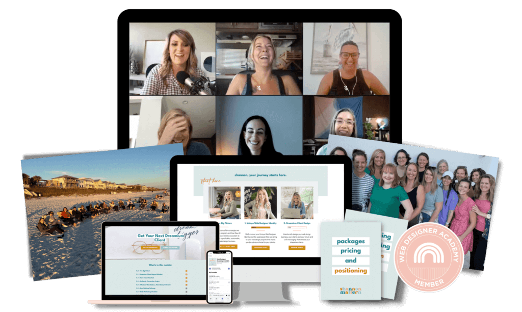 The image shows a collage of different photos and devices displaying a beach meeting, people on video calls, web design content, and a group of individuals.