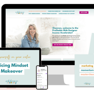 This image showcases multiple digital devices displaying a web design academy with tips on pricing, marketing, and consultations. A person smiles in the background.