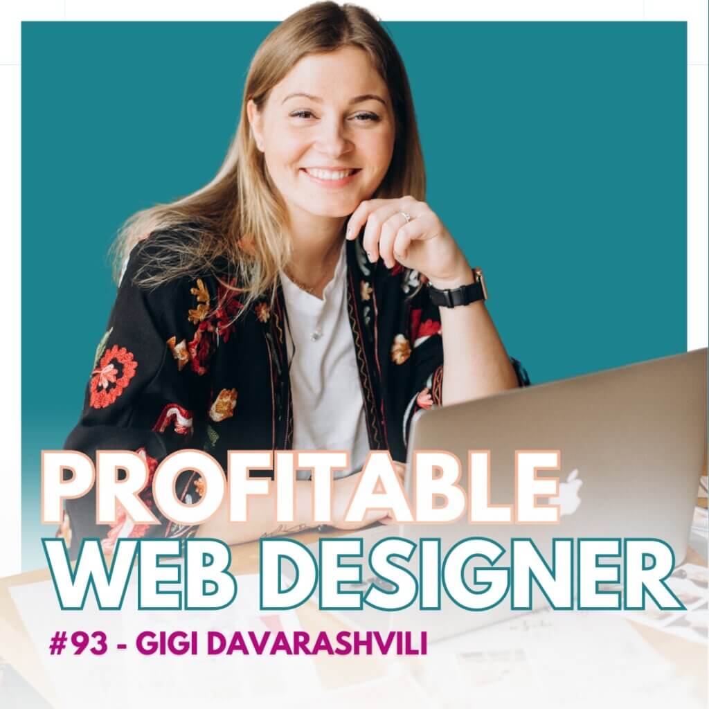 The image features a smiling person at a desk with a laptop, with text overlay for a "Profitable Web Designer" podcast episode.