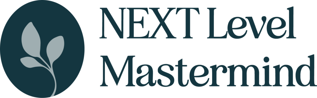 The image shows the "NEXT Level Mastermind" logo with a minimalist plant icon in a circular background, symbolizing growth and collaboration.