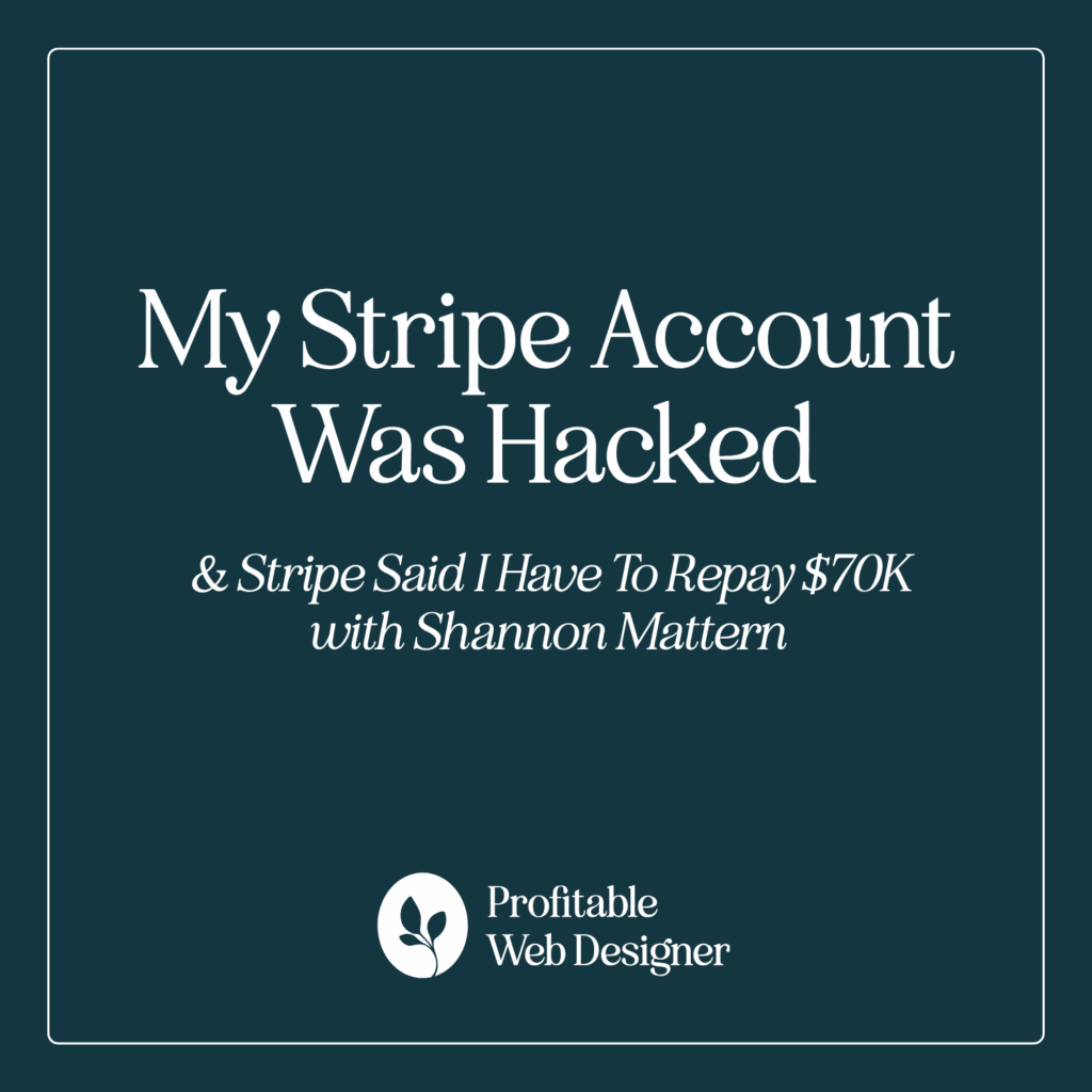 Text image with title "My Stripe Account Was Hacked," featuring financial fraud story by Shannon Mattern, from "Profitable Web Designer."