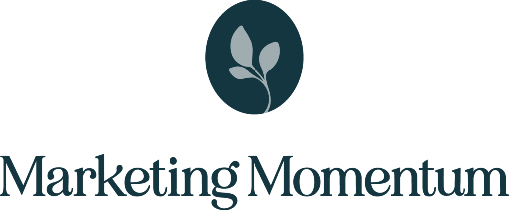 The image shows the "Marketing Momentum" logo with a teal leaf graphic above the text, set on a transparent background.