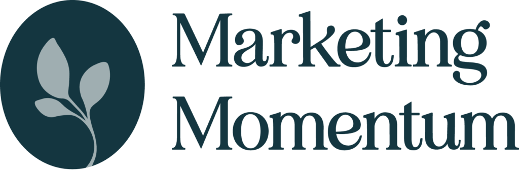 The image features the Marketing Momentum logo with a leaf design, presented in blue and white tones accompanied by elegant typography.