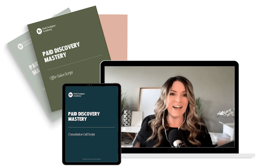 Two digital booklets titled "Paid Discovery Mastery," a tablet, and a laptop show a smiling person on a video call.