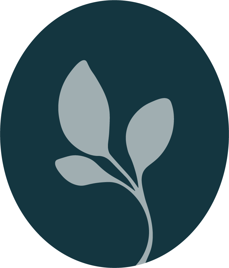 A light gray, stylized plant icon with three leaves inside a dark green circle, symbolizing nature or growth on a plain background.