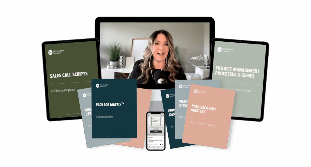 A person smiles in a virtual setting, surrounded by various digital workbooks and templates titled “Sales Call Scripts,” “Package Matrix,” and others.