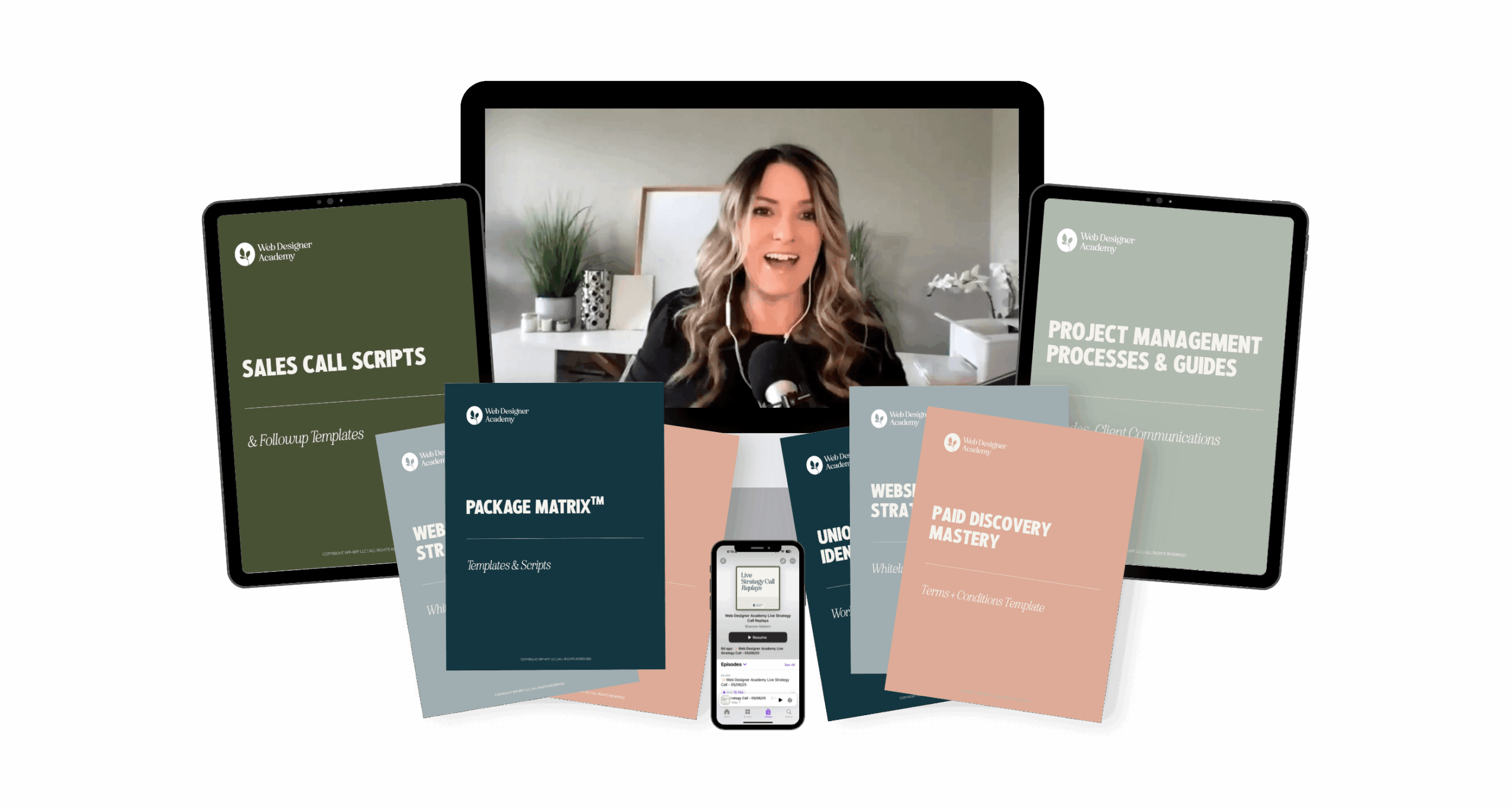 A person smiles in a virtual setting, surrounded by various digital workbooks and templates titled “Sales Call Scripts,” “Package Matrix,” and others.