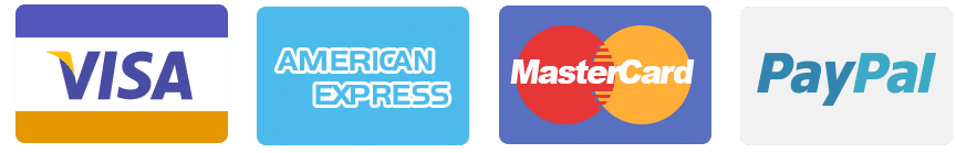 Four payment logos: Visa, American Express, MasterCard, and PayPal. Each logo is distinct, featuring brand-specific colors and designs on a clear background.