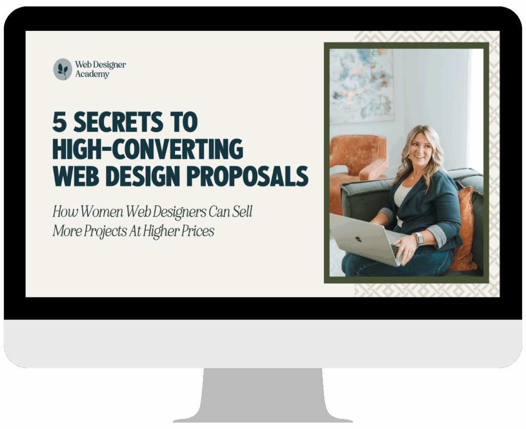 A person sits on a sofa with a laptop. The text promotes web design proposal tips for women web designers to increase project sales.