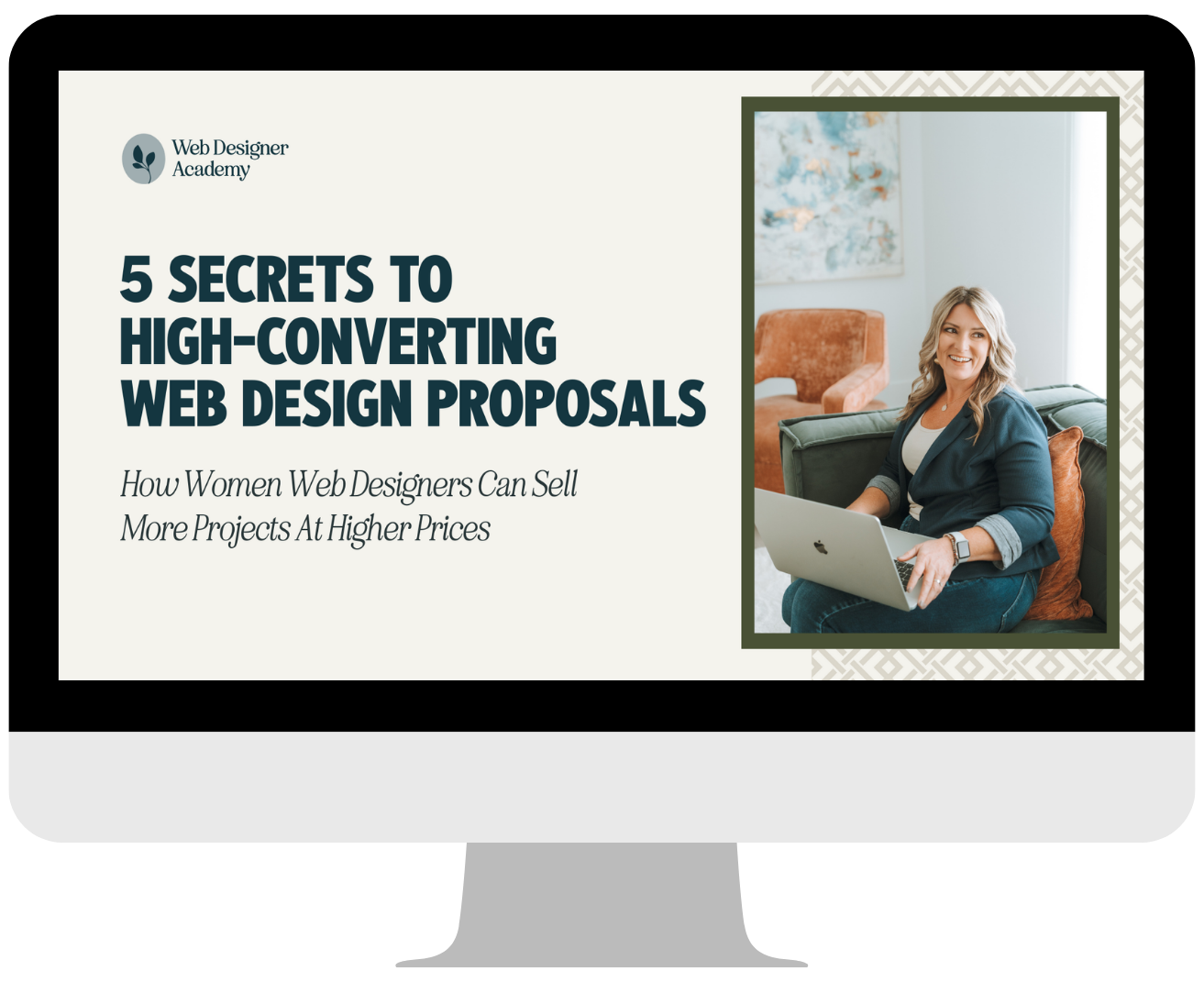 A person sits on a sofa with a laptop. The text promotes web design proposal tips for women web designers to increase project sales.