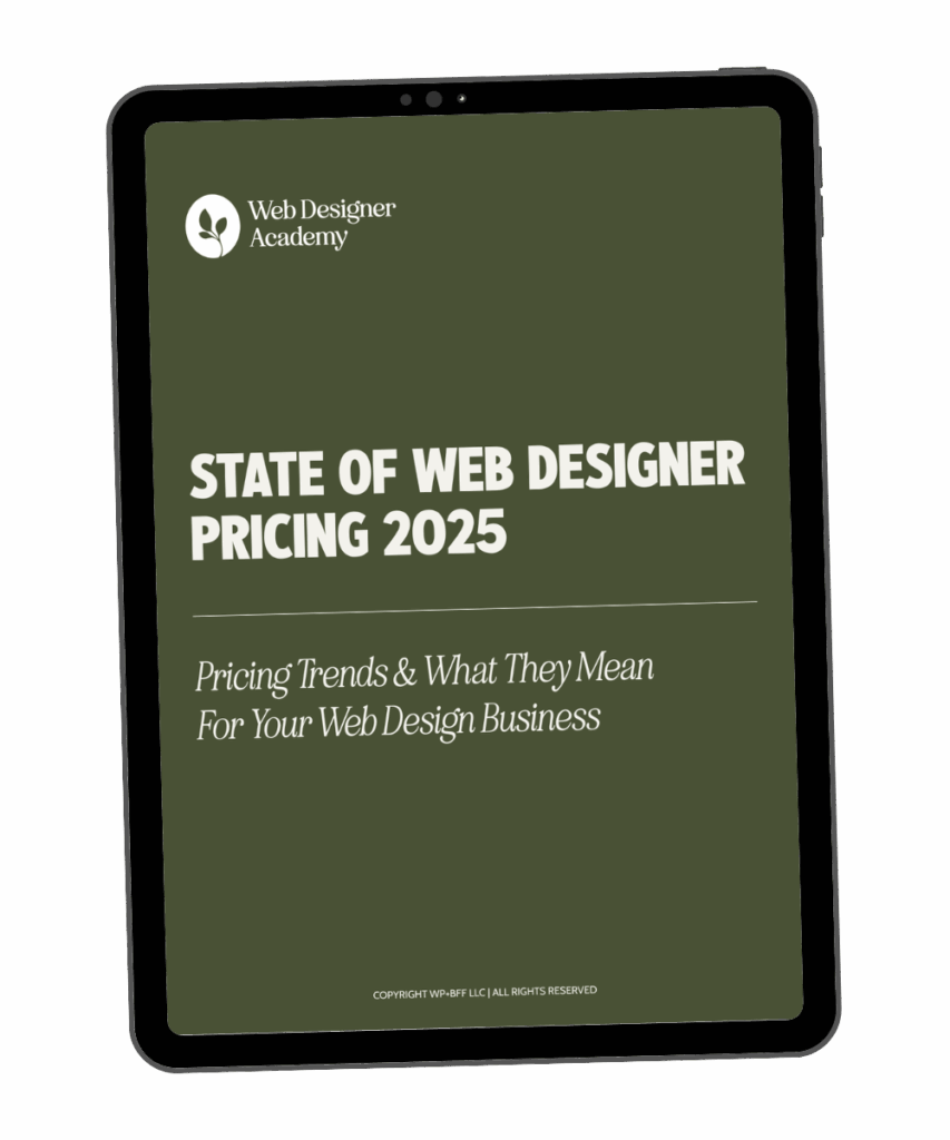 Tablet displaying "State of Web Designer Pricing 2025" by Web Designer Academy, featuring pricing trends for web design businesses on a green background.