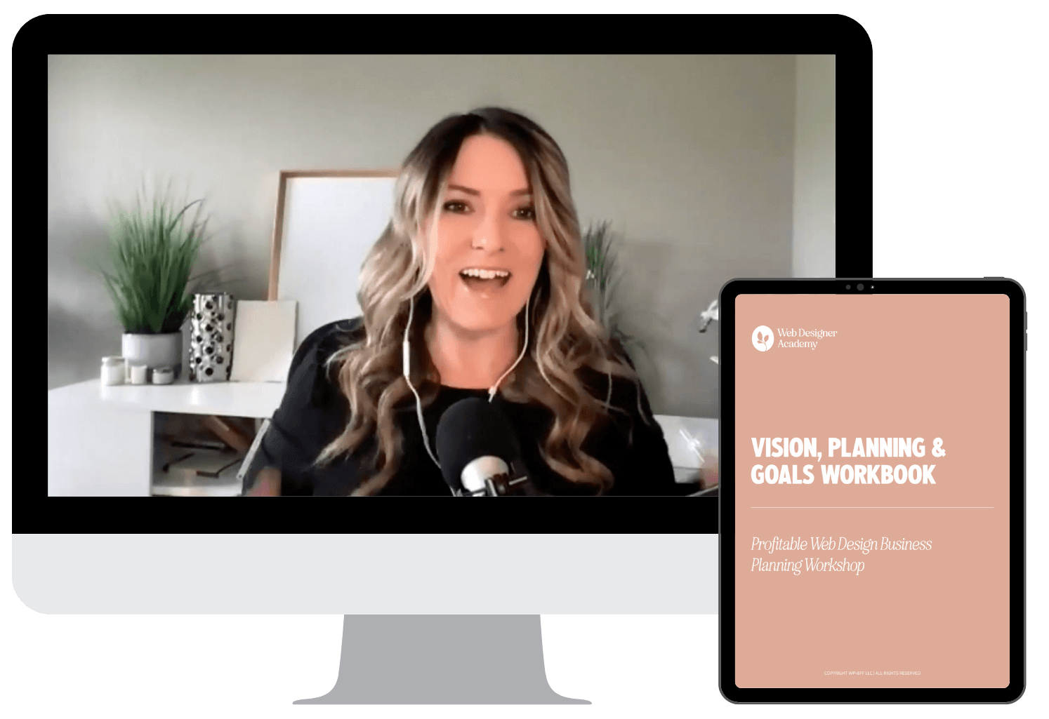 A person wearing headphones speaks enthusiastically in a video call. Nearby, a screen displays a workbook titled "Vision, Planning & Goals Workbook."